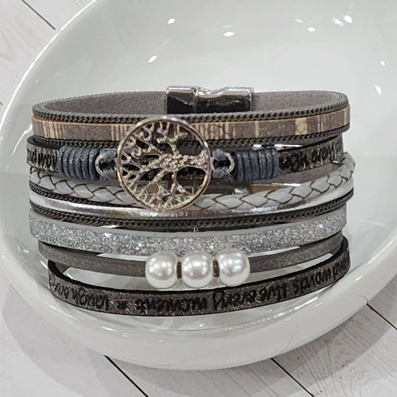 Multy Layers‎ Leather Bangle Magnetic Bracelet for Men and Women 7.5in - Silver - Picture 10 of 11